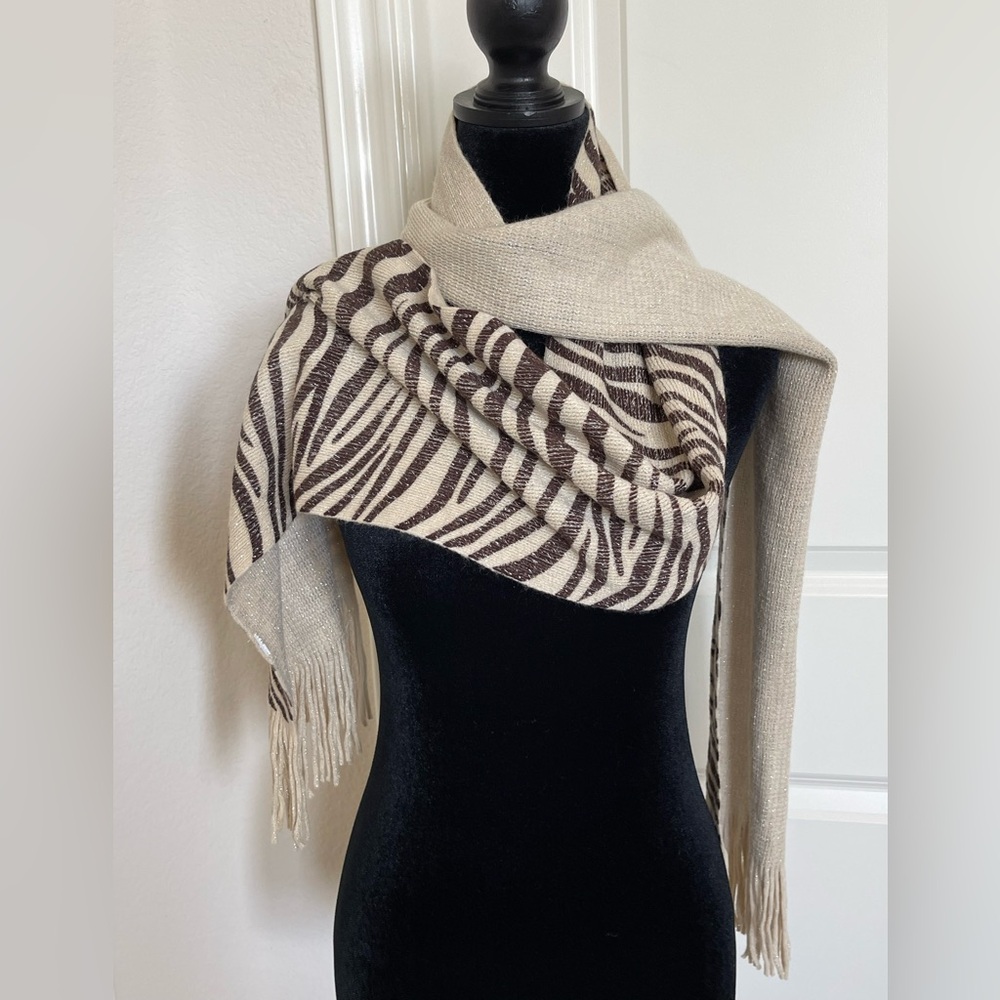 Pier 1 One Imports beige Zebra Print Metallic Fringe Scarf 60x8